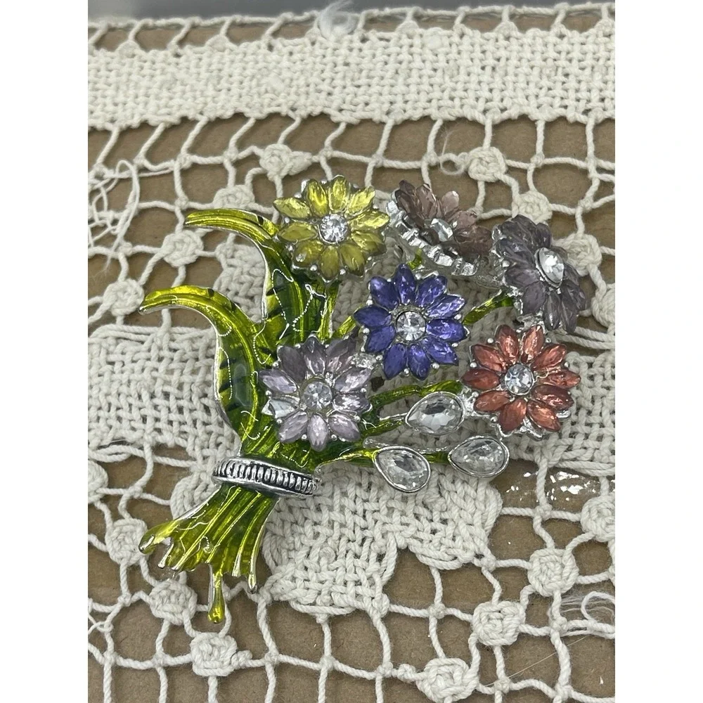 Vintage Silver Tone Multicolor‎ Enamel Floral Bouquet Brooch